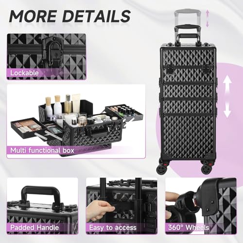 Leeora&Leekoo Portable Multi-Storey Nail Case for Nail Tech Organizer - Wheels Makeup Case Organizer, Cosmetic Case, Makeup Train Case, Make Up Case 8036(Black)