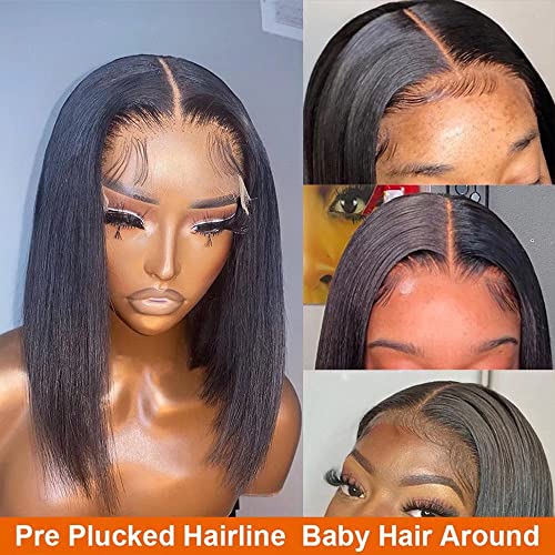 HD Transparent Lace 13X6 Deep Side Part Short Bob Human Hair Wigs Pre Plucked Bleached Knots 150% Density Short Bob Lace Front Wigs For Woman HD Invisible Lace Wigs (8 Inch, Bob Straight)