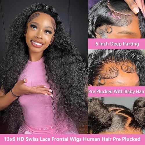 34 Inch 13x6 Deep Wave Lace Front Wigs Human Hair 200 Density 13x6 HD Lace Front Wigs Human Hair Pre Plucked Deep Curly Glueless Wig 100% Virgin Human Hair Lace Front Wigs for Women