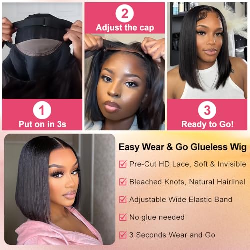 Bob Glueless Wigs Human Hair Pre Plucked Pre Cut 14 Inch 9x6 HD Lace Closure Wig Short Bob Glueless Wigs Human Hair Black Straight Wig Human Hair Wear and Go 200% Density for Women