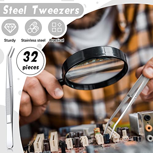 Honoson 32 Pcs Stainless Steel Tweezers for Crafting with Curved Serrated Tip Multipurpose Forceps Sewing Machine Tweezers Bulk (Silver)