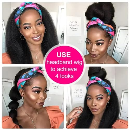 TNICE Kinky Straight Headband Wig Human Hair 18 Inch Headband Wigs for Black Women Glueless None Lace Front Yaki Straight Human Hair Headband Wig Brazilian Virgin Hair Wigs Natural Black 180% Density