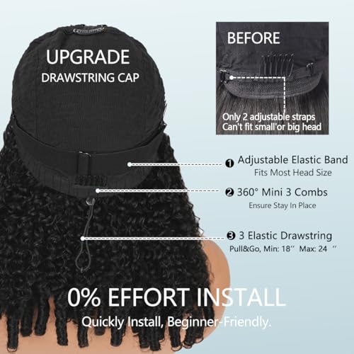 Burmese Curly V Part Wigs Human Hair 200% Density Upgrade U Part Human Hair Wigs with Drawstring and Spiral End Glueless Clip in Half Wigs for Black Women No Leave Out #1B Natural Black 18Inch