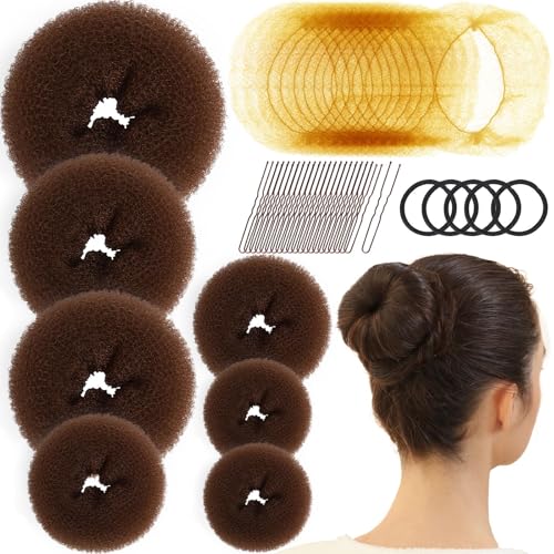 Fandamei Hair Bun Maker Set- 7 PCS Hair Donuts for Buns (1 Extra-large,2 Large,2 Medium and 2 Small), 10 Invisible Hair Nets for Buns, 20 PCS Bobby Pins, 5 PCS Hair Elastic Ties Black,Bun Maker
