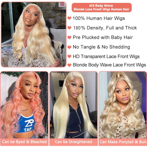 613 Lace Front Wig Human Hair 13x4 HD Transparent Blonde Lace Front Wigs Human Hair 28inch Blonde Body Wave Lace Front Wigs Human Hair Pre Plucked Glueless Blonde Wig Human Hair 180% Density