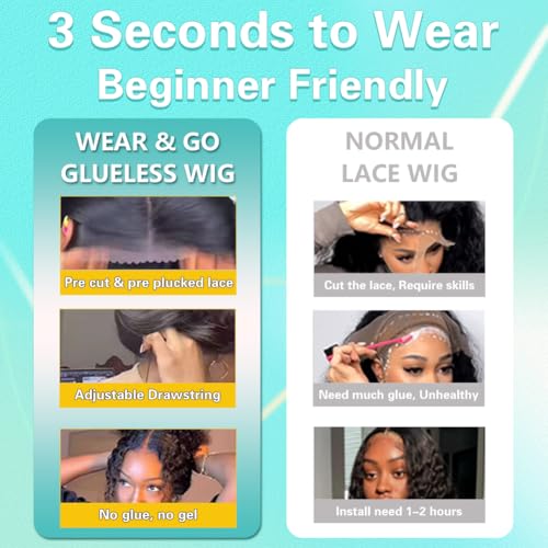 Wear and Go Glueless Wigs Human Hair Pre Cut HD Lace 7x5 Deep Wave Lace Front Wigs Human Hair Pre Plucked 200% Density Glueless Drawstring Wig for Beginners 20 Inch Natural Color Pre Everything