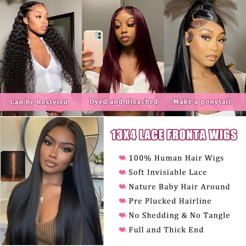 Straight Lace Front Wigs Human Hair Pre Plucked 200 Density 13x4 HD Transpatent Human Hair Wigs for Black Women Straight Lace Frontal Wigs Natural Color (32inch)