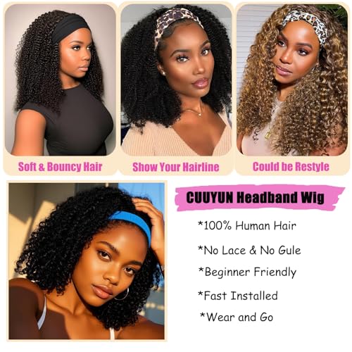 Headband Wig Human Hair Kinky Curly Human Hair Wigs for Black Women Curly Half Wig None Lace Front Wigs 150% Density 28 Inch Brazilian Virgin Hair Natural Color
