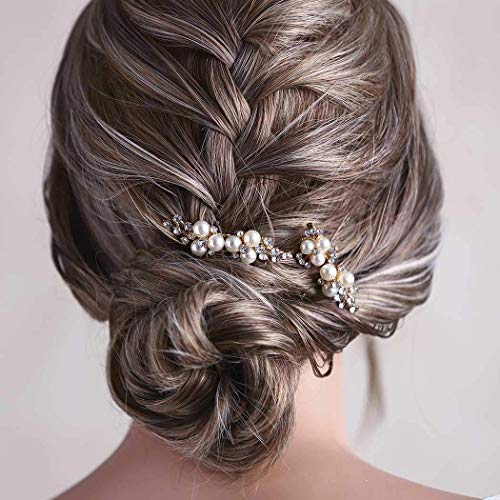 Asooll Gold Wedding Pearl Hair Comb Bride Crystal Hairpiece Bridal Rhinestone Hair Clip Hair Accessories for Women (Set of 2) (A-Gold)