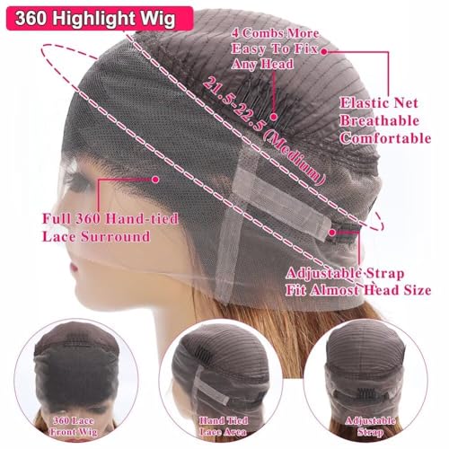 Highlight 360 Lace Front Wigs Human Hair Pre Cut Pre Bleached Pre Plucked Body Wave 360 Full Lace Wigs Human Hair 22Inch for Black Women 180% Density HD Lace Front Wigs Human Hair