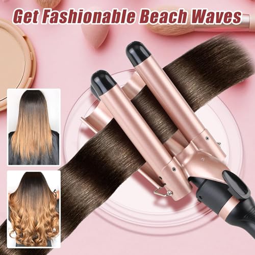 Triple Barrel Curling Wand - Fast Heating, 2-LED Temp Control, Auto Shut-Off, Beachy Waves & Mermaid Crimper Style, Mother's Day Gift