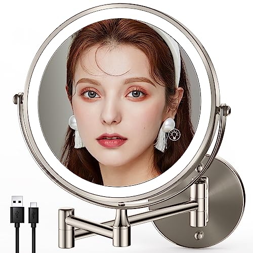 8.5 Inch Rechargeable Wall Mounted Makeup Mirror Brushed Nickel, Double Side Dual-Touch 1X/10X Magnifying Mirror with Light, 3 Color Lights 360¡ÆSwivel Extendable Bathroom Mirror