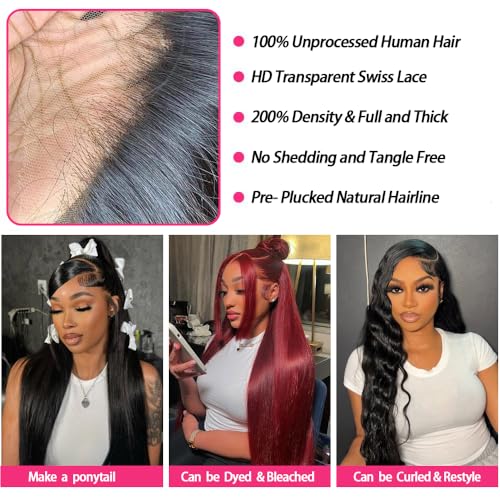 30 Inch Lace Front Wigs Human Hair 200 Density 13x4 HD Lace Front Wigs Human Hair Pre Plucked Glueless Wigs Human Hair for Women Straight Lace Frontal Wigs Natural Color, Black