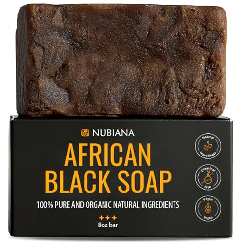 Nubiana African Black Soap Bar - 100% Pure Raw from Ghana - Natural Face & Body Cleanser with Shea Butter - Deep Cleansing for All Skin Types (8oz)