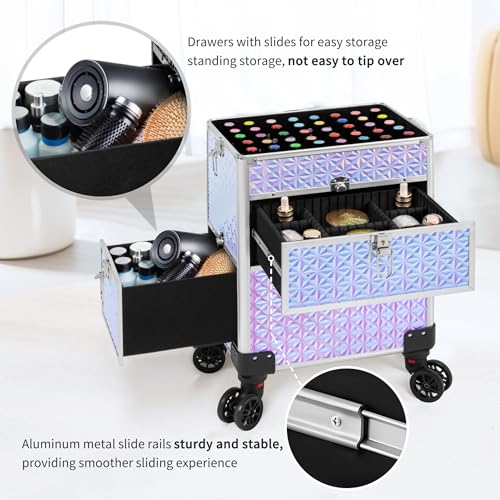 4 in 1 Rolling Makeup Case with Drawers, Multi-functional Cosmetic Trolley with Wheels and Keys, Large Storage Traveling Cart Trunk for Nail Technicians, Makeup Artist and Hairstylist, Silver