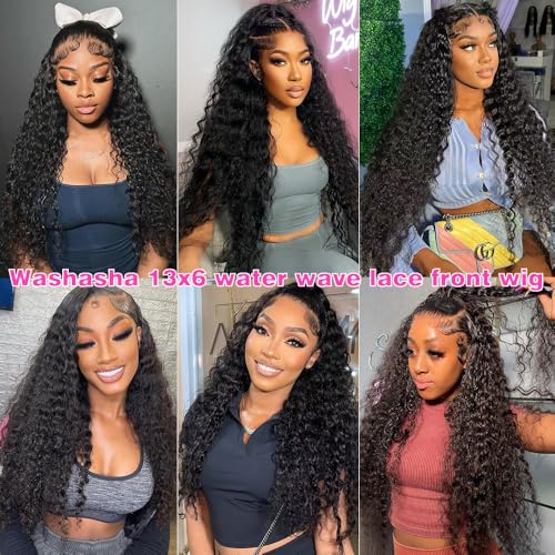 Washasha 24 Inch Water Wave Lace Front Wigs Human Hair 13x6 HD Lace Frontal Wig Human Hair Pre Plucked with Baby Hair 200 Density Deep Part Curly Wig for Women