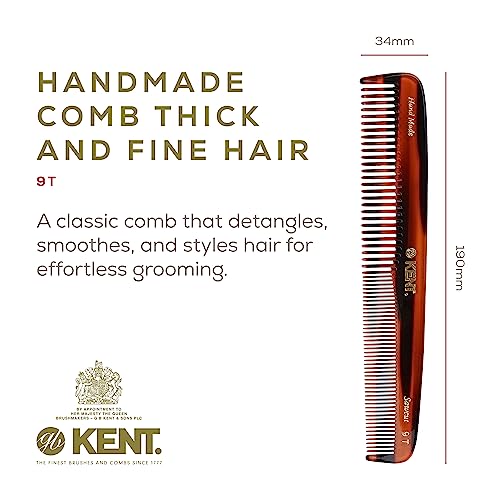 Kent 9T Tortoiseshell Fine Tooth and Wide Tooth Comb - Large Handmade and Saw-Cut Fine Hair Dressing Comb - Wet Hair Detangler Combs for Women and Durable Grooming Made in England