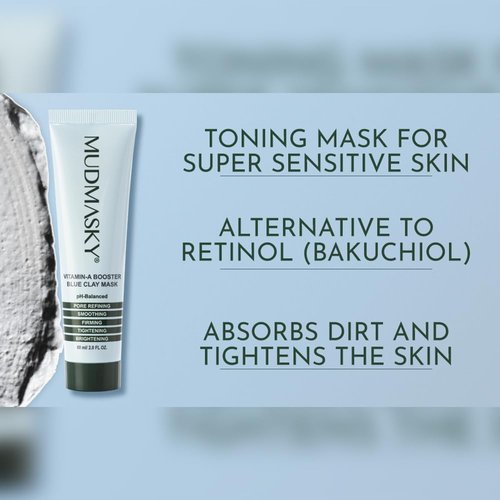 MUDMASKY Vitamin-A Booster Blue Clay Mask 60ml / 2.0FL - Natural Retinol Alternative with Bakuchiol, Skin Care for Pore Refinement, Tightening & Brightening - Fragrance-Free Beauty Face Mask
