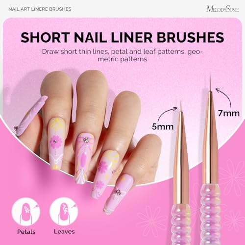 MelodySusie 5Pcs Nail Art Liner Brushes with Nail Brush Holder, Professional Gel Polish Painting Art Design Pen for Thin Long Lines, Tiny Details, Fine Drawing, Delicate Coloring Sizes 5/7/9/11/20mm