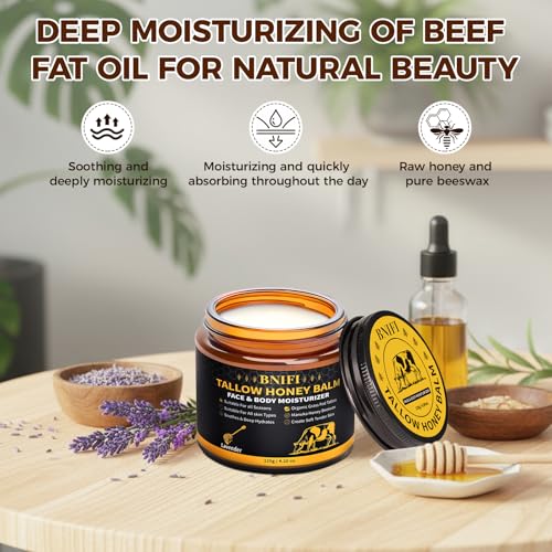 Tallow and Honey Balm for Face Beef Tallow for Skin Organic Grass-Fed Beef Tallow Balm for Face Body Moisturizer (Lavender)