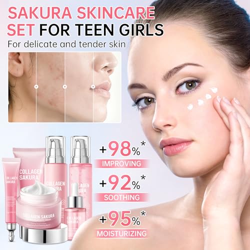 Sakura Skin Care Set for Teen Girls, Cherry Blossom Skincare Gift Set for Teens & Women, Moisturize & Repair Skin, 6 Pcs Collagen Skin Care Kits with Cleanser, Toner, Lotion, Serum, Cream & Eye Cream