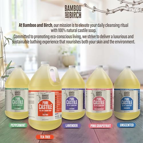 BAMBOO AND BIRCH Pure Castile Soap Liquid, Certified Palm Oil Free Natural Soap, Unscented, 1 Gallon