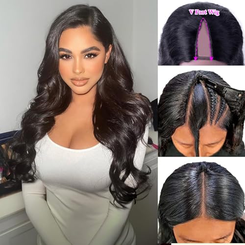 Xagujpo V Part Wigs Body Wave Brazilian Virgin Human Hair Wigs for Black Women Upgrade U Part Wigs Glueless Full Head Clip In Half Wig None Lace Front Wigs 210% Density Natural Color 20Inch