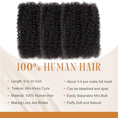 Afro Kinky Bulk Human Hair 8 Inch 30g/Pack 3 Packs for Dreadlocks Braiding Twist Loc Extensions ? Kinky Bulk Human Hair for Loc Repair, Afro Texture Natural Black Hair for Black Women & Men