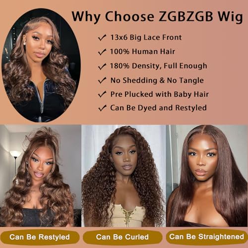 Chocolate Brown Lace Front Wig 13x6 HD Body Wave Lace Front Wigs Human Hair Pre Plucked Colored Frontal Glueless Brown Human Hair Wig for Women with Baby Hair 180% Density 30 Inch