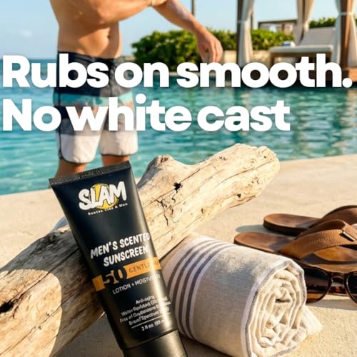 SLAM Men's Sunscreen Lotion SPF 50 & Moisturizer ? Face & Body Sunblock, Anti-Aging, Water-Resistant, Hawaii Act 104 Safe, Skincare for Men, Scented & Unscented ? 3 fl oz. each- Trio pack.