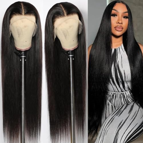 Full 13x6 HD Lace Front Wigs Human Hair Straight 180 Density Transparent Lace Frontal Wig for Women Natural Black Color Long Hair Glueless Wig 26 Inch