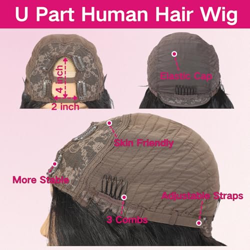 U Part Human Hair Wig Body Wave U Part Wig Human Hair for Black Women Glueless Wigs Human Hair Clip Natural Hair Wig Beginner Friendly Middle Part 180% Density 18inch