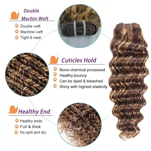 Deep Wave Honey Blonde Highlight Human Hair 3 Bundles with 4x4 lace closure (22 24 26 +20 inch) Free Part Brown Blonde Ombre Bundles With Closure Human Hair Weave Extensions