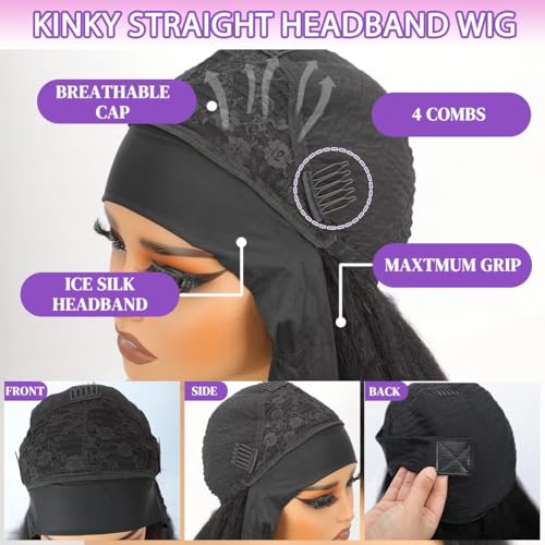 Headband Wig Human Hair Kinky Straight 26 Inch Yaki Straight Headband Wig 200% Density Glueless None Lace Front Wigs for Women Machine Made Wear and Go Wigs Headband Half Wigs Natural Color