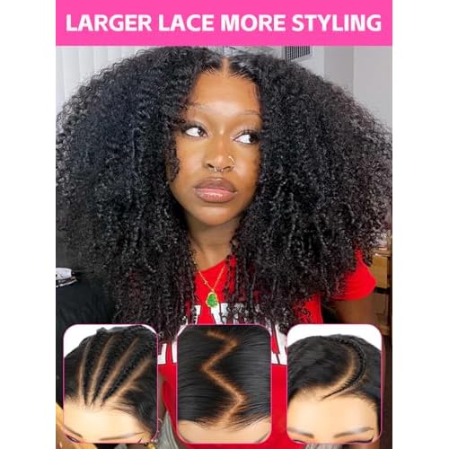 V SHOW Afro Kinky Curly Wear and Go Glueless Wigs Human Hair Pre Plucked Pre Cut 7x5 HD Lace Front Wigs Pre Bleached Bye Bye Knots 180% Density Afro Curly Lace Closure Wig Human Hair for Women 20 Inch