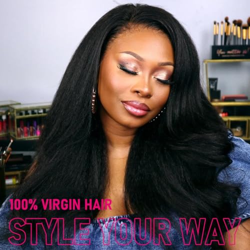 4C Edges Kinky Straight Wig Human Hair 13x6 UHD Lace Frontal Wigs Pre-Cut Pre-Plucked 200% Density Yaki Straight Human Hair Wig Black Pre-Bleached Tiny Knots 18 Inches Chrismas Party Wigs