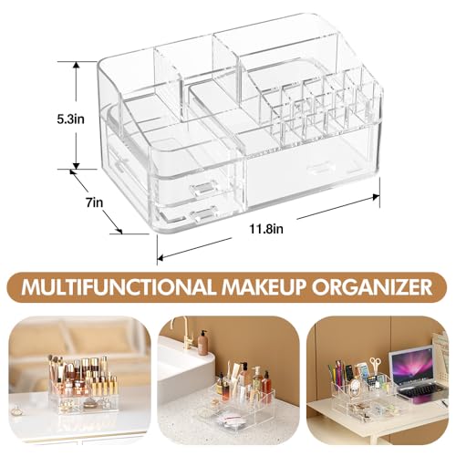 Makeup Organizer for Vanity, Acrylic Large Desk Organizer with Drawers, Ideal Vanity Holder for Cosmetics, Lipsticks, Nail Polish, Skincare, Countertop, Bathroom, Dresser