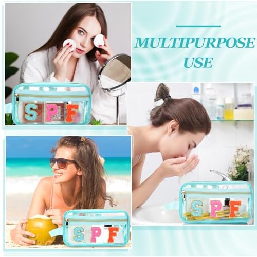 Pinkunn Chenille Letter Bag Clear Makeup Pouch Cute Preppy Letter Patch Cosmetic Bag with Zipper Nylon Waterproof Portable Travel Purse Toiletry Organizer for Appreciation Gift(Teal,Spf)
