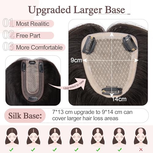 SEGO Hair Toppers for Women Real Human Hair Large Full Silk Base 9 * 14 cm Free Part No Bangs 150% Density Clip In Topper Hairpieces for Women with Thinning Hair -16 Inch #1B Natural Black