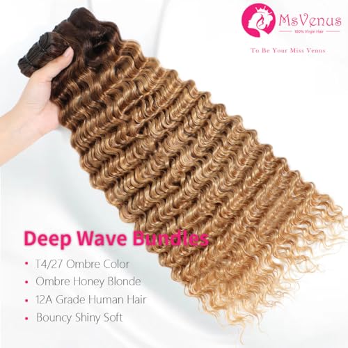 Ombre Deep Wave Bundles Human Hair T4/27# Brown to Honey Blonde Color Deep Wave Human Hair 3 Bundle for Women 12A Curly Bundle (24 24 24 Inch)