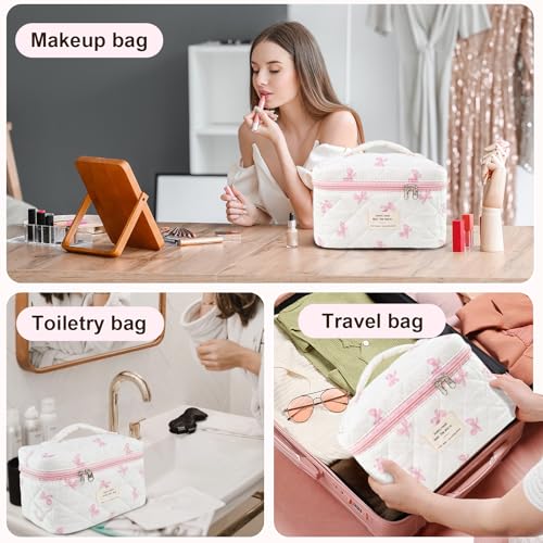 Makeup Bag, Quilted Bow Cosmetic Bag, Large Travel Aesthetic Make up Bag, Cute Coquette Toiletry Bag for Women Girls