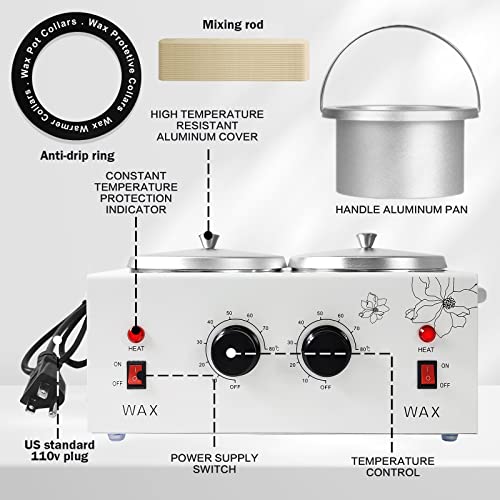 1.2L Double Wax Warmer Machine for Hair Removal, Professional Electric Wax Heater with Adjustable Temperature, Including 40PCS Wooden Wax Sticks