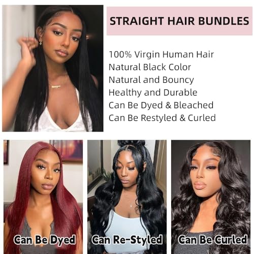 ANGIE QUEEN Peruvian Virgin Hair Straight Hair 3 Bundles 24 26 28 Inch Weaves 100% Unprocessed Human Hair Extentions Wefts Nature Black Color