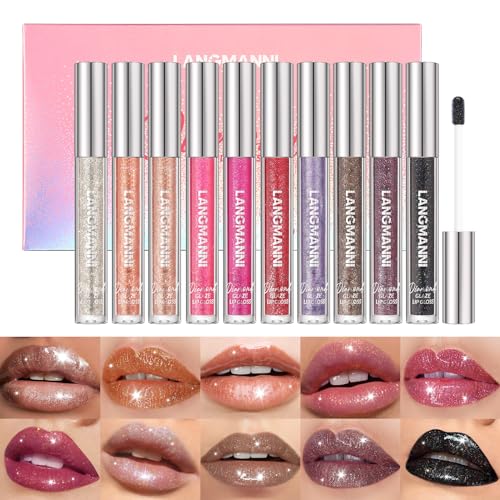 LANGMANNI 10 Colors Diamond Glitter Lip Gloss Set,Long Lasting High Shine Shimmer Liquid Lipstick Set,Hydrating,Moisturizing Lip Gloss Kit Gift Makeup For Girls