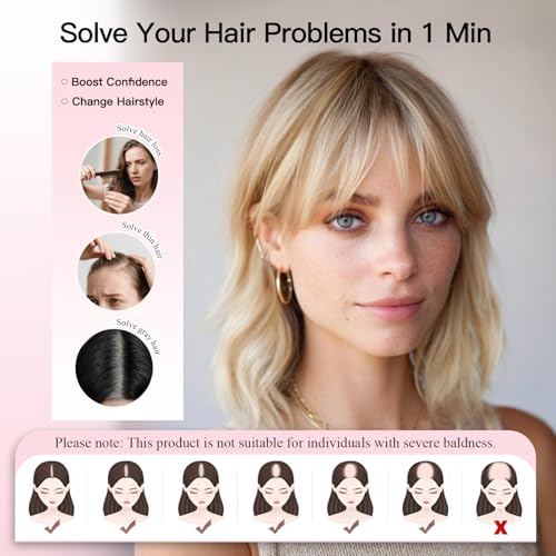 EMMOR 14 Inch Human Hair Topper for Women - 5" ¡¿ 6" Upgrade Swiss Lace Base with 3 Non-Slip Clips, 100% Real Hair Toppers for Thinning Hair & Natural Looking-Straight Bang(#005)