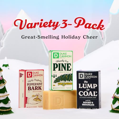 Duke Cannon Supply Co. Big Brick of Soap Bar For Men - Lump of Coal, Illegally Cut Pine & Peppermint Bark, Holiday Variety 3 Pack, 10 oz. Bar Soaps