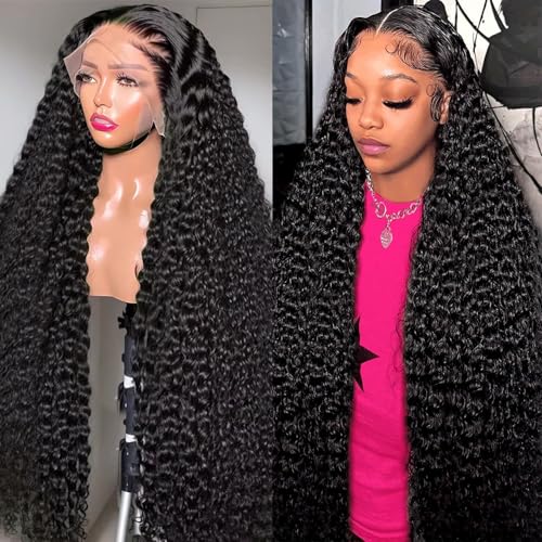 BELE 13x6 Deep Wave Lace Front Wigs Human Hair 26 Inch 200% Density Deep Curly Lace Front Wigs Human Hair Brazilian Vrigin Hair Curly HD Transparent Lace Frontal Wig Pre Plucked with Baby Hair