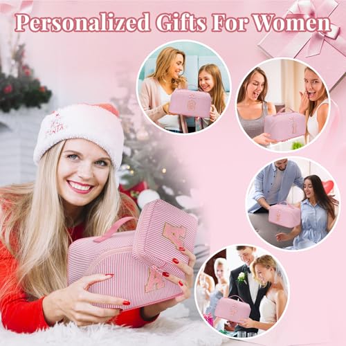 Travel Makeup Bag for Women, 2Pcs Portable Personalized Initial Makeup Organizer Bag, Open Flat Large Cosmetic Bag With Travel Essential Pouch (Pink Letter R)