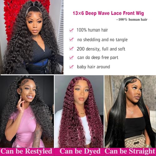 Deep Wave Lace Front Wigs Human Hair 13x6 HD Lace Front Wigs Human Hair Pre Plucked 200% Density Deep Curly Human Hair Lace Frontal Wigs For Women 28 Inch