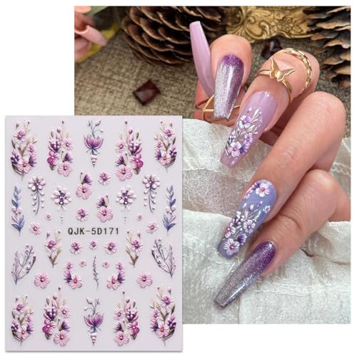 JMEOWIO 3D Embossed Flower Nail Art Stickers Decals Self-Adhesive 5D Spring Summer Floral Nail Supplies Nail Art Design Decoration Accessories 4 Sheets